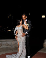 Round neck Silver Mermaid High Split One-shoulder Court Train Prom Dresses-Ballbella