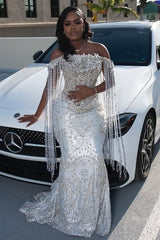 Sparkle Silver Off-the-shoulder Mermaid Court Train Tassels Prom Dresses-Ballbella