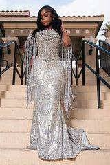 Sparkle Silver Off-the-shoulder Mermaid Court Train Tassels Prom Dresses-Ballbella