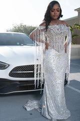 Sparkle Silver Off-the-shoulder Mermaid Court Train Tassels Prom Dresses-Ballbella