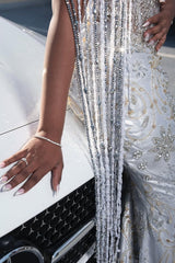 Sparkle Silver Off-the-shoulder Mermaid Court Train Tassels Prom Dresses-Ballbella