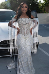 Sparkle Silver Off-the-shoulder Mermaid Court Train Tassels Prom Dresses-Ballbella