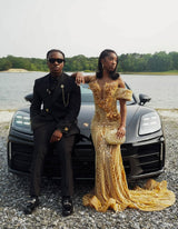 Sparkling Gold V-Neck Off-The-Shoulder Mermaid Prom Dresses Column Long Pearl With Beads-Ballbella