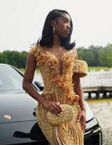Sparkling Gold V-Neck Off-The-Shoulder Mermaid Prom Dresses Column Long Pearl With Beads-Ballbella