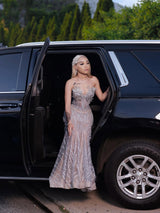 Sparkling V-Neck Strapless Sleeveless Mermaid Prom Dresses Column Long With Gem-Ballbella