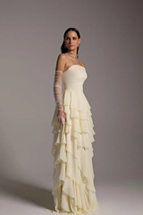 Strapless A-line Ruffles Ivory Elegant Floor length Evening Dresses-Ballbella