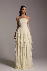 Strapless A-line Ruffles Ivory Elegant Floor length Evening Dresses-Ballbella