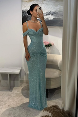 Straps Off-The-Shoulder Sparkle Sequin Column Pleats Long Prom Dresses-Ballbella