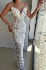 Sweetheart White Pearls Mermaid Low back Sleeveless Prom Dresses