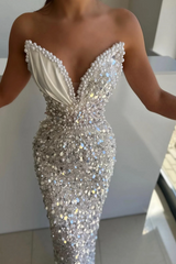 Sweetheart White Pearls Mermaid Low back Sleeveless Prom Dresses