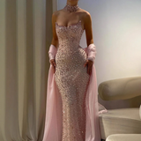 Sweetheart Blushing Pink Mermaid Sparkle Gems Shawl Floor Length Prom Dresses-Ballbella