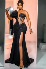 Unique One Shoulder Emerald Green High Split Floor length Prom Dresses-Ballbella