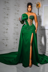 Unique One Shoulder Emerald Green High Split Floor length Prom Dresses-Ballbella