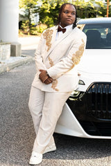 White Shawl Collar 2 Pieces Prom Suits One Button With Gold Beading-Ballbella