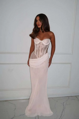 White Sweetheart Mermaid Lace Floor Length Prom Dresses-Ballbella