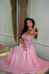 Pretty Pink Spaghetti-Straps Chiffon Prom Dresses Floor Length Sleeveless With Beads