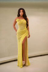 Pretty Daffodil Strapless Prom Dresses Sheath Side Slit Sequins With Flower Pleats