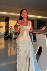 Gorgeous Daffodil Asymmetrical Sequins One Shoulder Prom Dresses With High Slit Ruffle