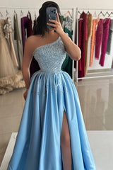 Popular Sky Blue One Shoulder Prom Dresses Sleeveless Sequins With High Slit Pearls