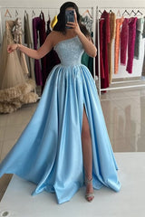 Popular Sky Blue One Shoulder Prom Dresses Sleeveless Sequins With High Slit Pearls