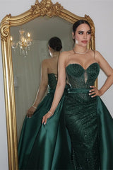 Luxury Dark Green Sweetheart Mermaid Prom Dresses Sequins Lace-Up Back With Overskirt
