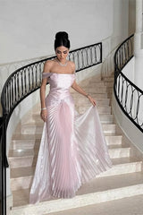 Glamorous Pink Off-The-Shoulder Prom Dress Sleeveless Sheath With Overskirt Pleats