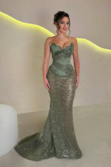 Popular Dusty Sage Sweetheart Mermaid Prom Dresses Sequins Sleeveless On Sale