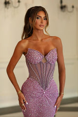 Elegant Lilac Sweetheart Strapless Mermaid Prom Dresses Sequins Gem Sleeveless On Sale