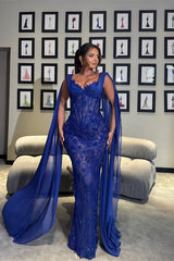 Luxury Royal Blue V-neck Lace Mermaid Prom Dresses Sleeveless Sheath Ribbons With Beads