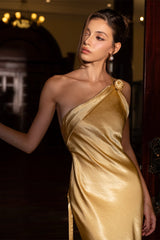 Chic Champagne Asymmetrical One Shoulder Satin Prom Dresses Backless Sleeveless With Flower