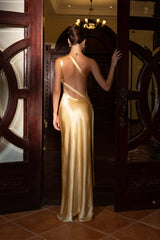 Chic Champagne Asymmetrical One Shoulder Satin Prom Dresses Backless Sleeveless With Flower