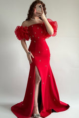 Elegant Red Strapless Mermaid Prom Dresses Bubbles Sleeves High Slit Sheath With Pearls