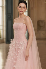 Gorgeous Pink Spaghetti-Straps Tulle Prom Dresses A-Line Ribbon Sleeveless With Beads Flower