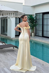 Luxury Daffodil Off-The-Shoulder Satin Mermaid Prom Dresses Lace-Up Back Sleeveless With Flower Ruffle