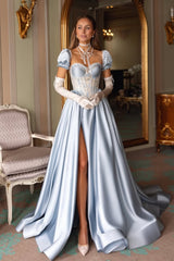 Elegant Sky Blue Sweetheart Satin A-Line Prom Dresses Bubbles Sleeves High Slit With Pleats Beads
