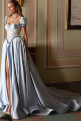 Elegant Sky Blue Sweetheart Satin A-Line Prom Dresses Bubbles Sleeves High Slit With Pleats Beads