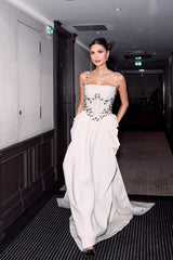 Classy White Square Spaghetti-Strap Satin Prom Dress Sleeveless With Beads