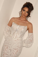 Elegant Strapless Mermaid Prom Dress Detachable Sleeve Long Lace With Pearl