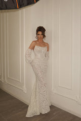 Elegant Strapless Mermaid Prom Dress Detachable Sleeve Long Lace With Pearl