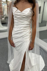 Glamorous Sweetheart Satin Mermaid Sleeveless Wedding Dresses Spaghetti-Straps Side Slit With Pleats