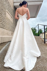 Beautiful V-Neck Spaghetti-Straps A-Line Wedding Dresses Satin Open Back With Appliques Lace Buttons