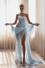 Charming Sky Blue Strapless Sleeveless Prom Dress High Split Gem With Ruffle