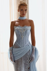 Charming Sky Blue Strapless Sleeveless Prom Dress High Split Gem With Ruffle