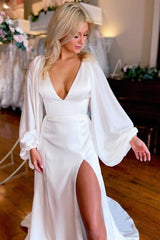 Modern V-Neck Satin Wedding Dresses Long Sleeves Open Back With High Slit