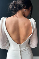 Exquisite V-Neck Long Sleeves Satin Wedding Dresses Mermaid Long Open Back With Buttons Pleats