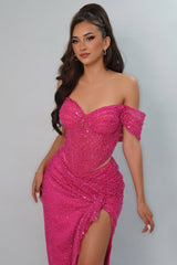 Sparking Fuchsia Sweetheart Off-The-Shoulder Sequins Prom Dresses Sleeveless With High Split