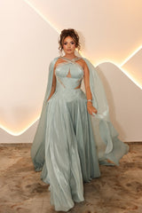 Romantic Asymmetrical A-Line Prom Dresses Sleeveless Gem With Ruffle Cape