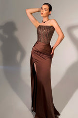 Sparking Chocolate Strapless Mermaid Prom Dresses Sleeveless High Split With Beads