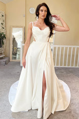 Chic Sweetheart Satin Straps Sleeveless Wedding Dresses High Slit A-Line With Buttons