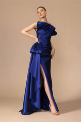 Luxury Royal Blue Strapless A-line Satin Prom Dress Sleeveless Side Split With Lace-Up Back